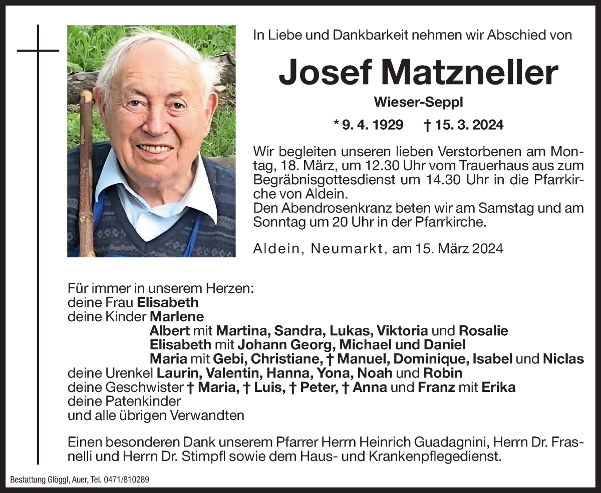  Traueranzeige für Josef Matzneller vom 16.03.2024 aus Dolomiten