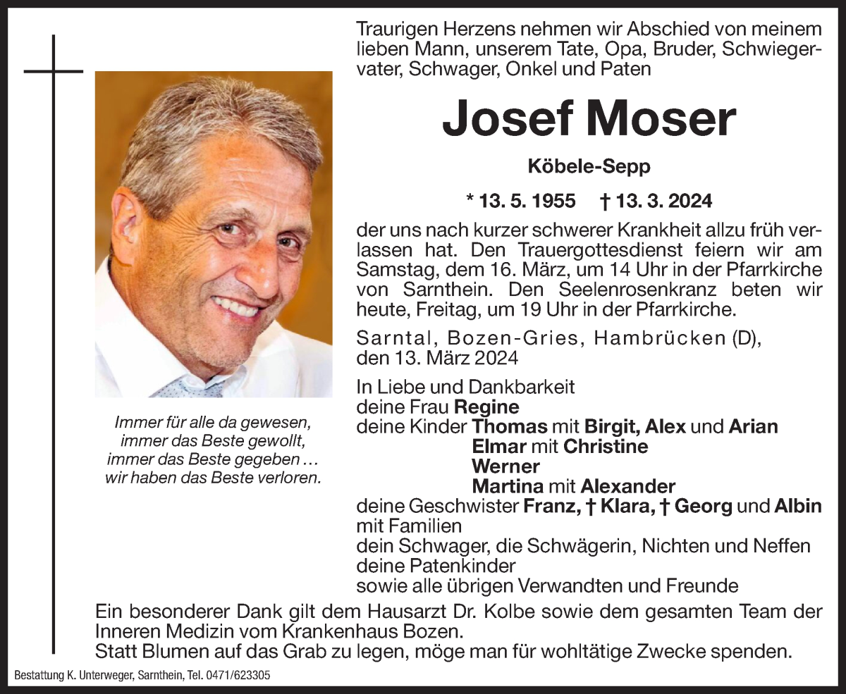  Traueranzeige für Josef Moser vom 15.03.2024 aus Dolomiten