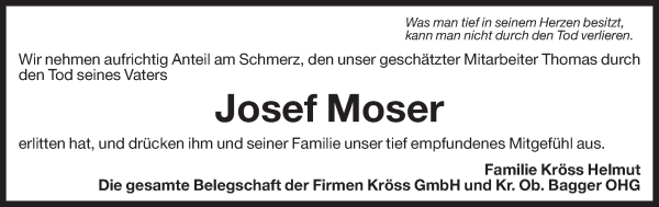 Traueranzeige von Josef Moser von Dolomiten