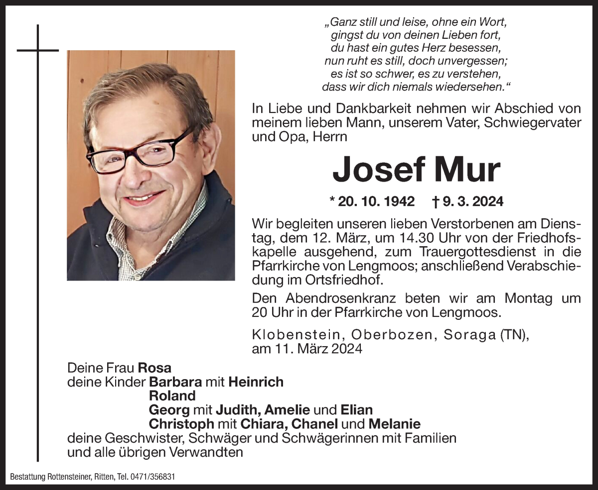  Traueranzeige für Josef Mur vom 11.03.2024 aus Dolomiten