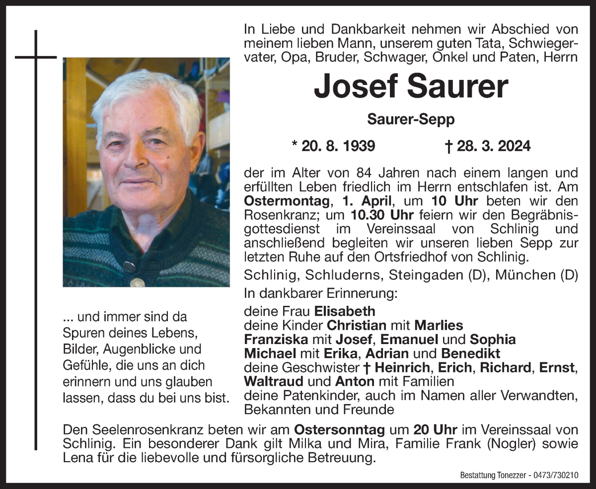  Traueranzeige für Josef Saurer vom 30.03.2024 aus Dolomiten