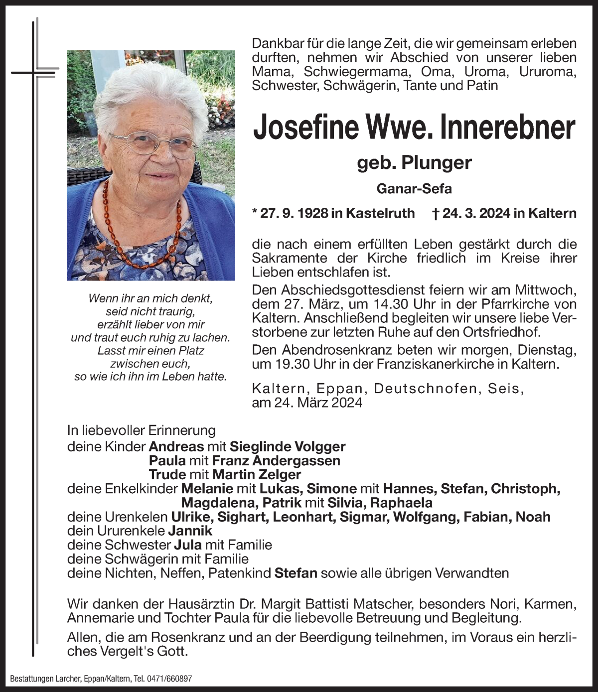  Traueranzeige für Josefine Innerebner vom 25.03.2024 aus Dolomiten