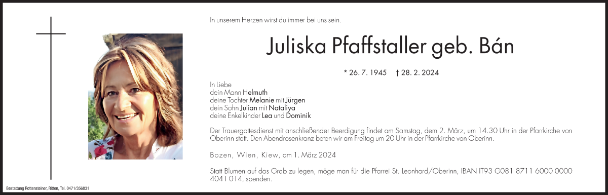  Traueranzeige für Juliska Pfaffstaller vom 01.03.2024 aus Dolomiten