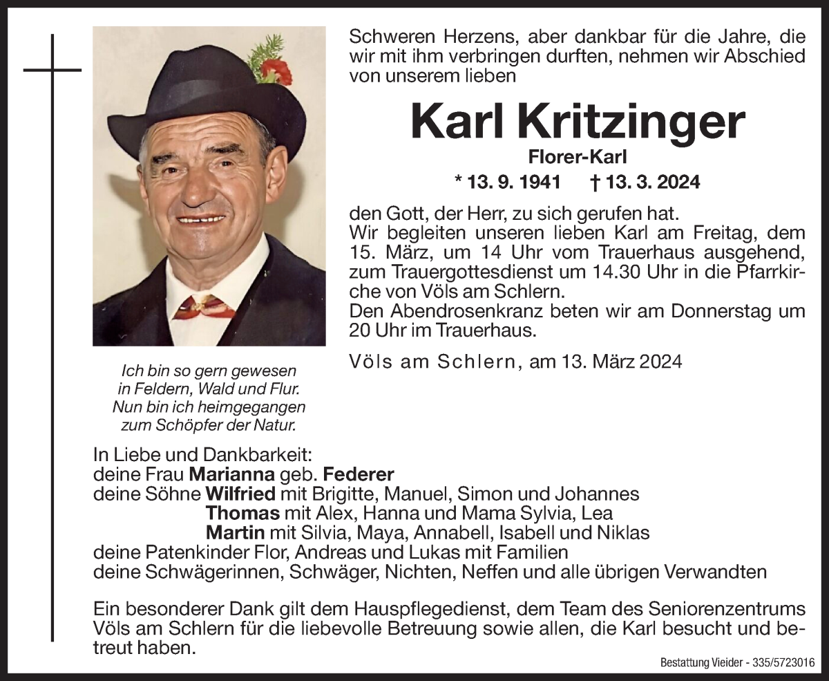  Traueranzeige für Karl Kritzinger vom 14.03.2024 aus Dolomiten