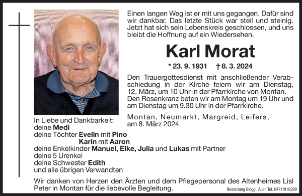 Traueranzeige von Karl Morat von Dolomiten
