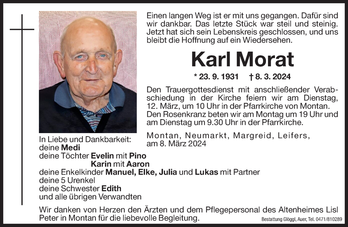  Traueranzeige für Karl Morat vom 09.03.2024 aus Dolomiten