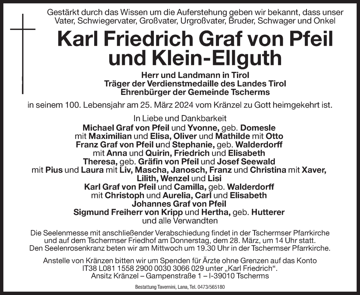  Traueranzeige für Karl Friedrich Graf von Pfeil  und Klein-Ellguth vom 26.03.2024 aus Dolomiten