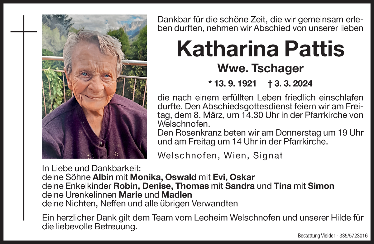  Traueranzeige für Katharina Tschager vom 06.03.2024 aus Dolomiten