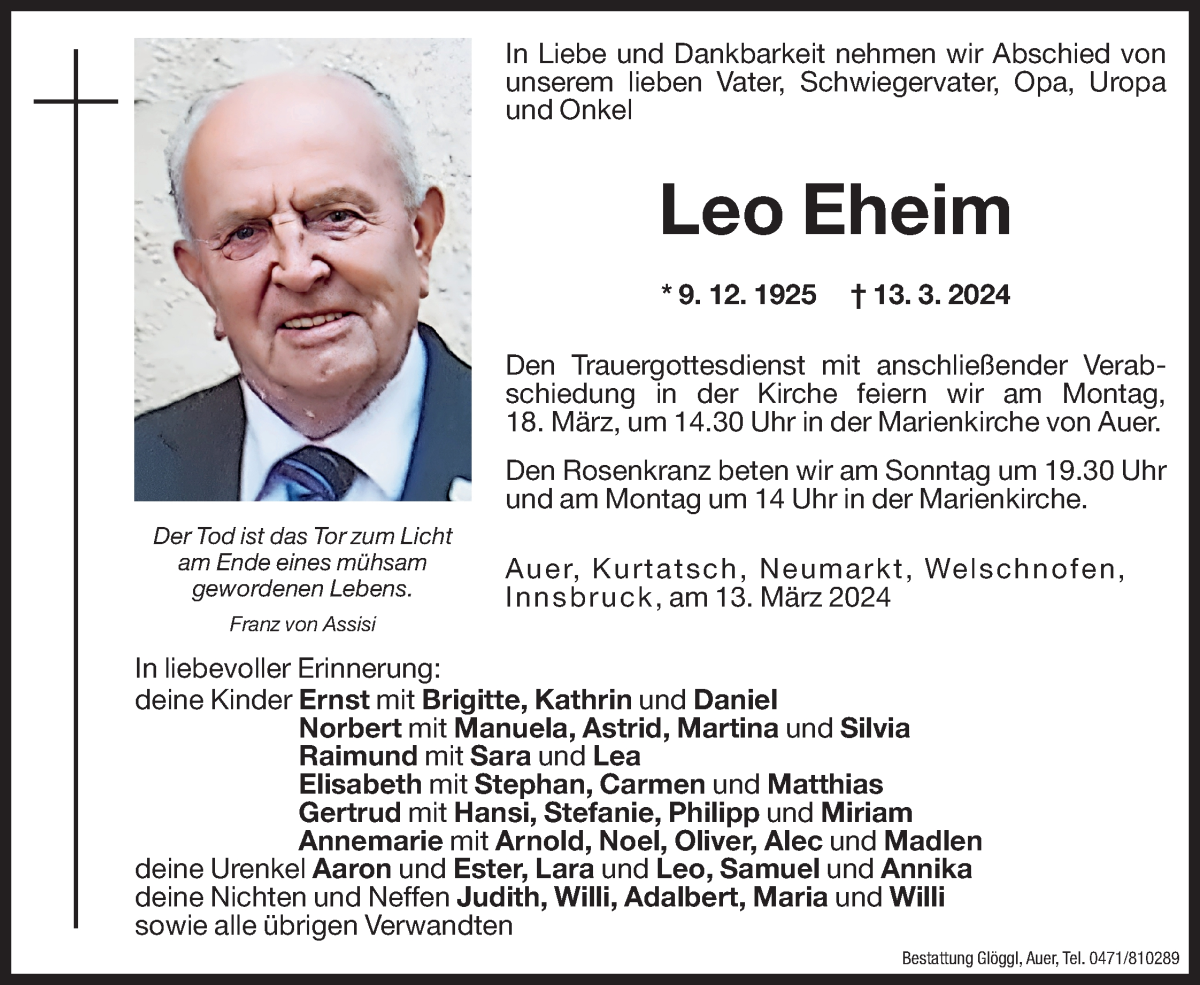  Traueranzeige für Leo Eheim vom 14.03.2024 aus Dolomiten