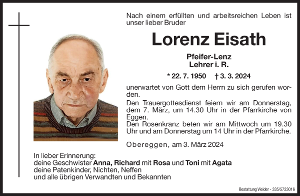 Traueranzeige von Lorenz Eisath von Dolomiten