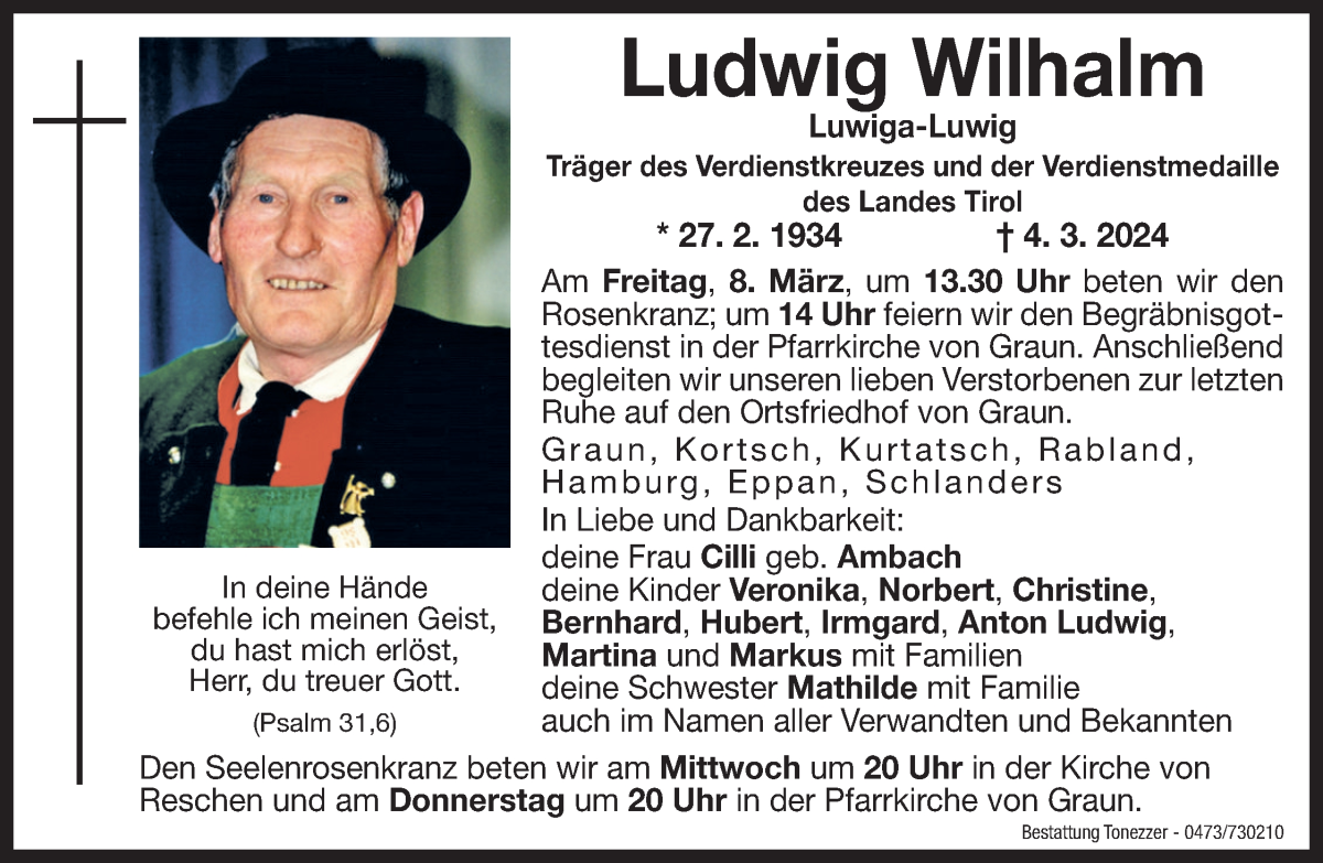  Traueranzeige für Ludwig Wilhalm vom 06.03.2024 aus Dolomiten