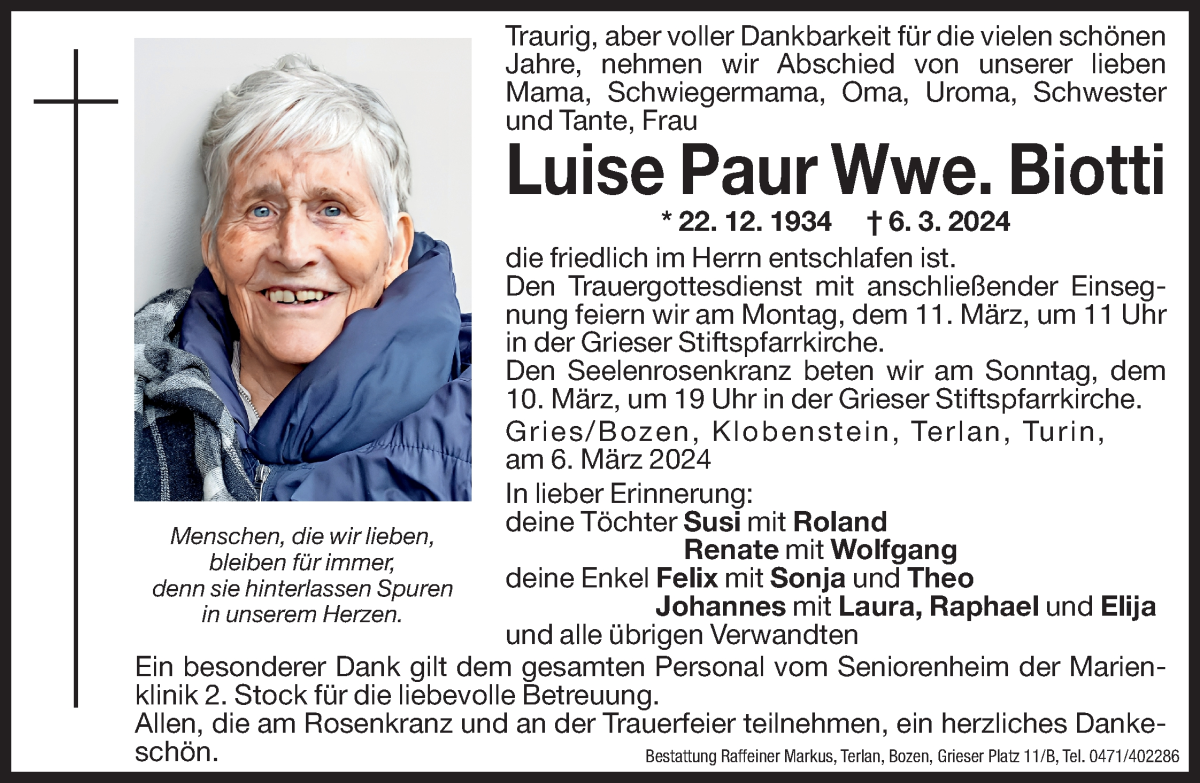  Traueranzeige für Luise Biotti vom 08.03.2024 aus Dolomiten
