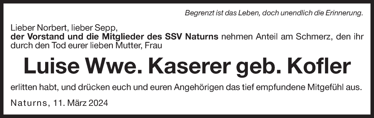  Traueranzeige für Luise Kaserer vom 14.03.2024 aus Dolomiten