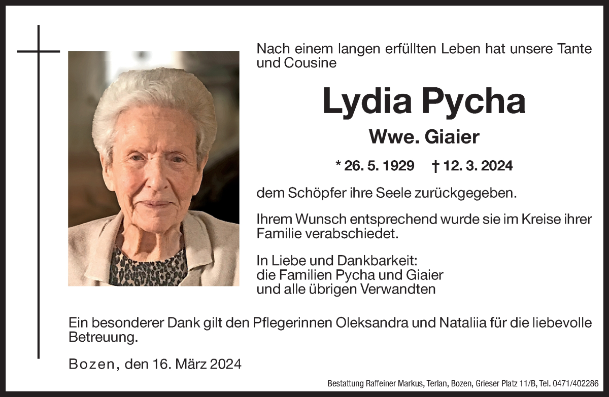  Traueranzeige für Lydia Giaier vom 16.03.2024 aus Dolomiten
