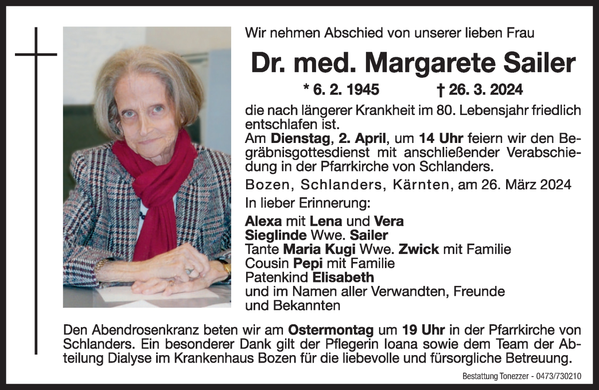  Traueranzeige für Margarete Sailer vom 29.03.2024 aus Dolomiten