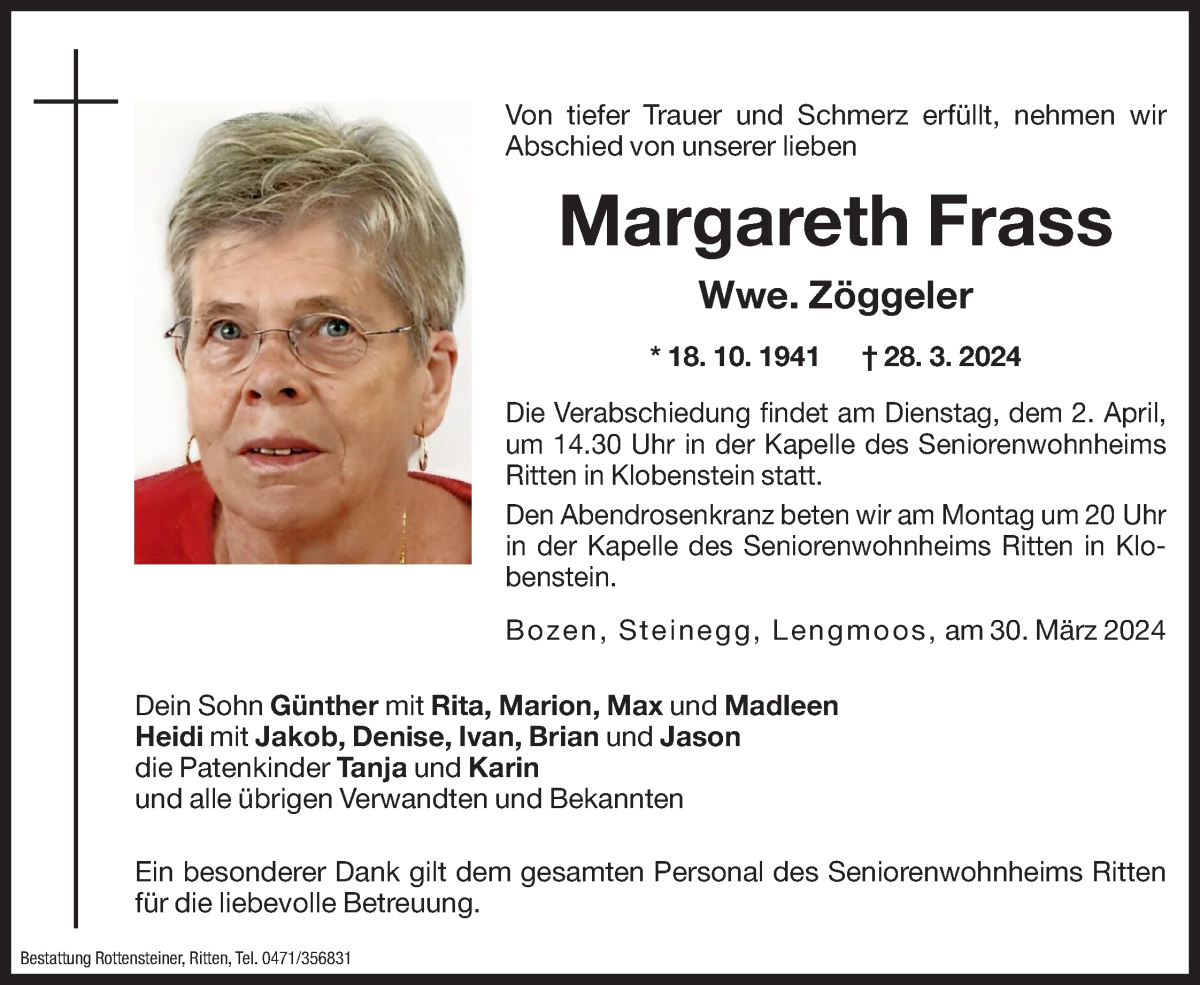  Traueranzeige für Margareth Zöggeler vom 30.03.2024 aus Dolomiten