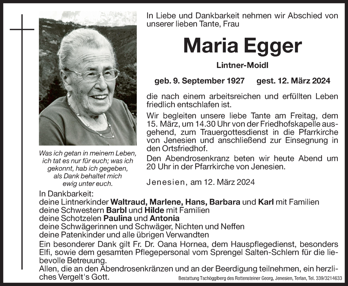  Traueranzeige für Maria Egger vom 14.03.2024 aus Dolomiten