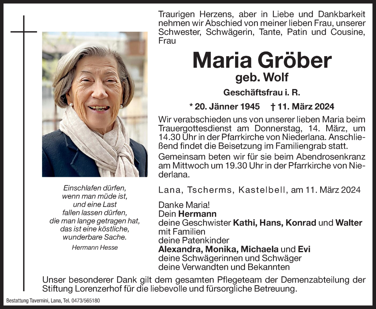  Traueranzeige für Maria Gröber vom 12.03.2024 aus Dolomiten