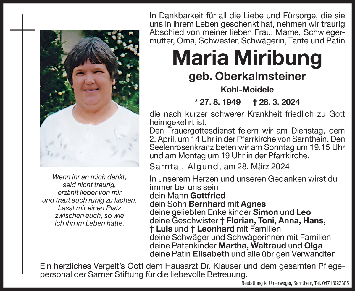  Traueranzeige für Maria Miribung vom 30.03.2024 aus Dolomiten