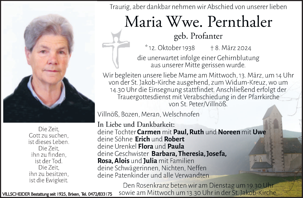  Traueranzeige für Maria Pernthaler vom 11.03.2024 aus Dolomiten