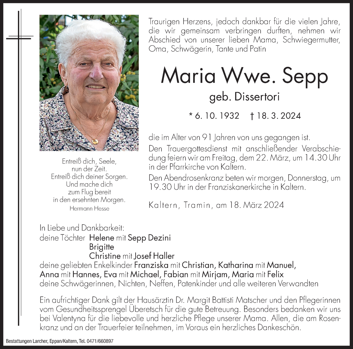 Traueranzeige für Maria Sepp vom 20.03.2024 aus Dolomiten
