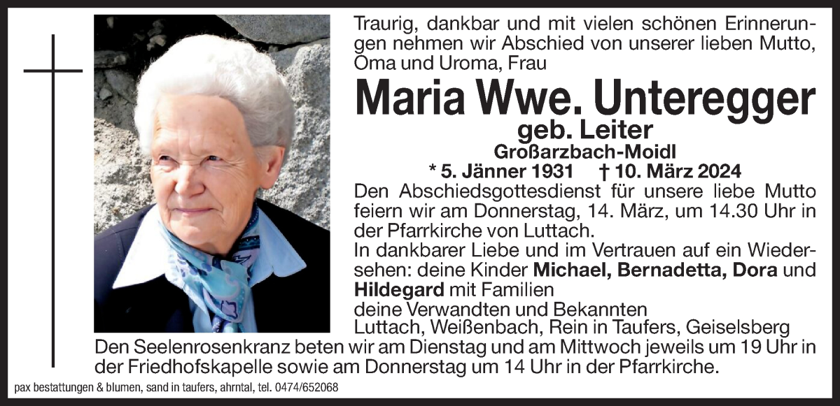  Traueranzeige für Maria Unteregger vom 12.03.2024 aus Dolomiten