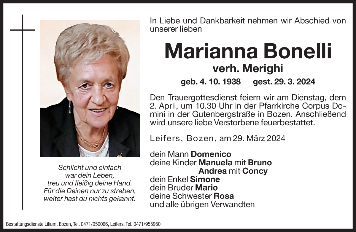  Traueranzeige für Marianna Merighi vom 30.03.2024 aus Dolomiten