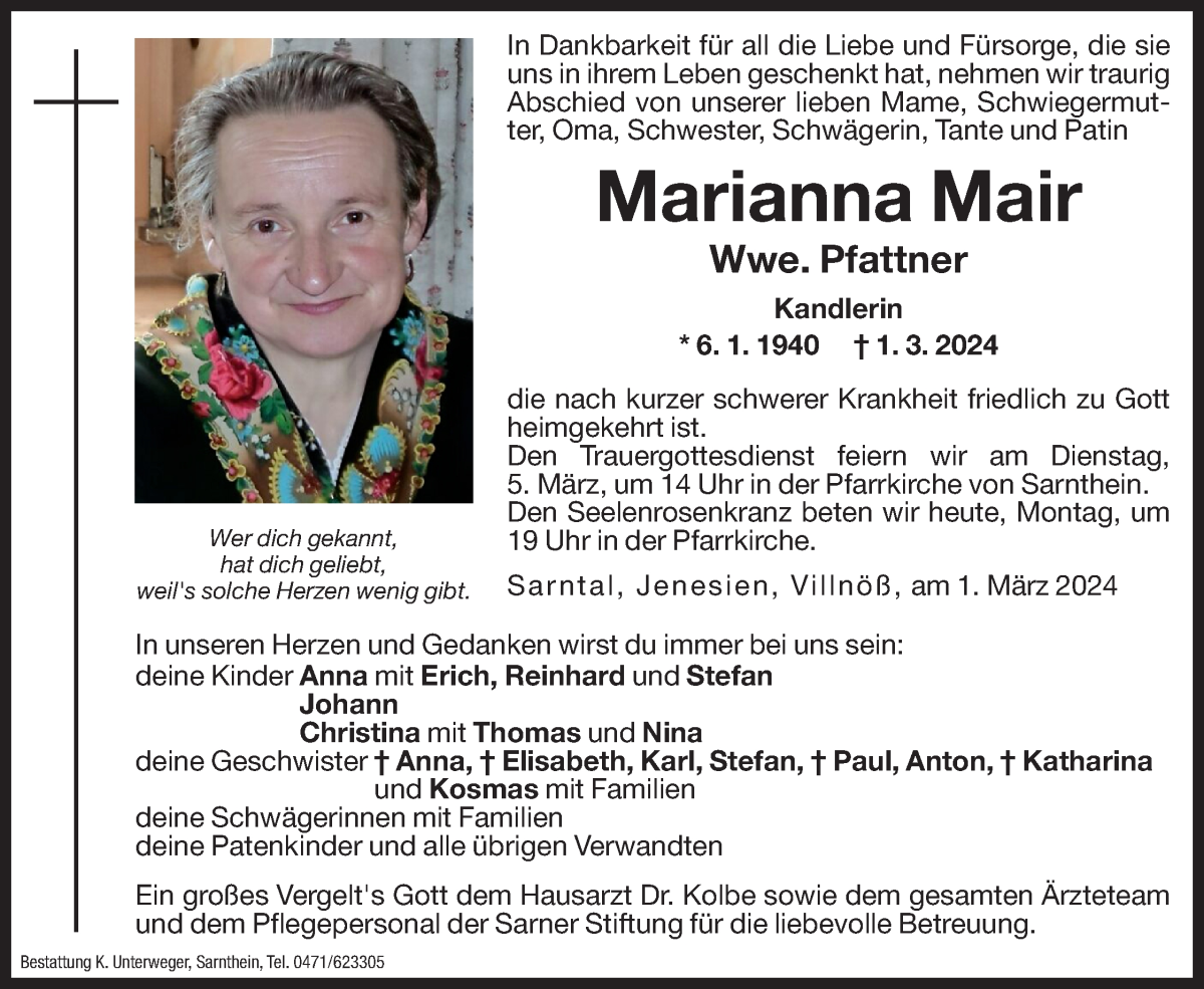  Traueranzeige für Marianna Pfattner vom 04.03.2024 aus Dolomiten
