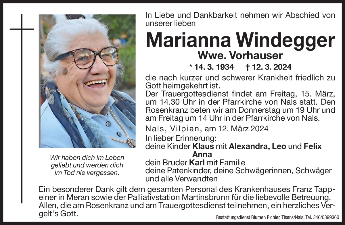  Traueranzeige für Marianna Vorhauser vom 13.03.2024 aus Dolomiten