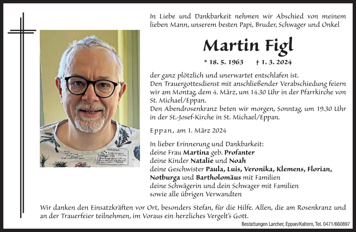  Traueranzeige für Martin Figl vom 02.03.2024 aus Dolomiten