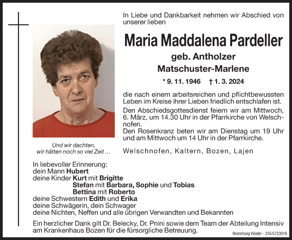 Traueranzeige von Maria Maddalena Pardeller von Dolomiten