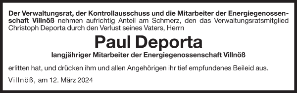 Traueranzeige von Paul Deporta von Dolomiten