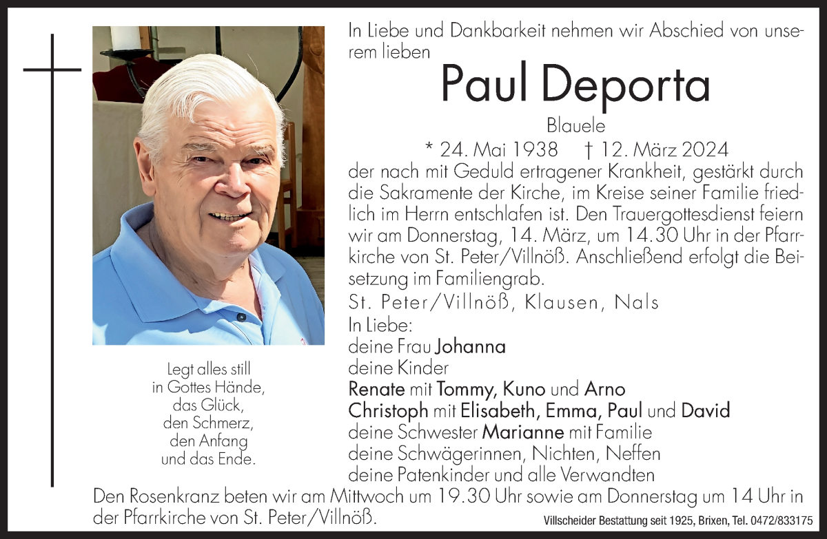  Traueranzeige für Paul Deporta vom 13.03.2024 aus Dolomiten