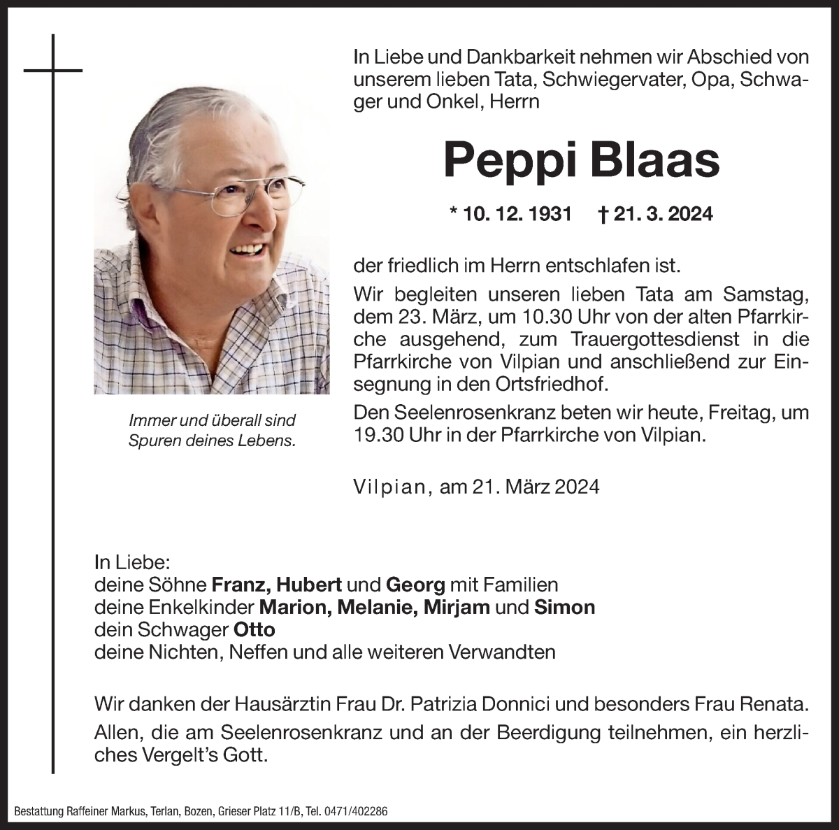  Traueranzeige für Peppi Blaas vom 22.03.2024 aus Dolomiten