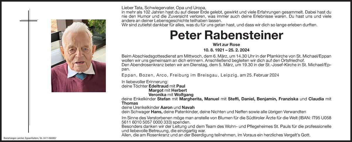  Traueranzeige für Peter Rabensteiner vom 01.03.2024 aus Dolomiten