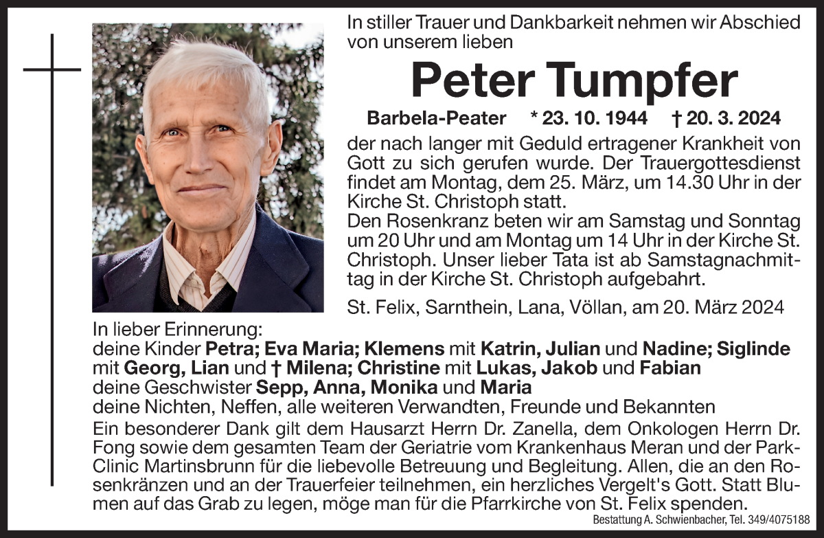  Traueranzeige für Peter Tumpfer vom 21.03.2024 aus Dolomiten