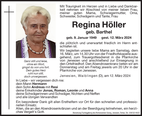 Traueranzeige von Regina Höller von Dolomiten