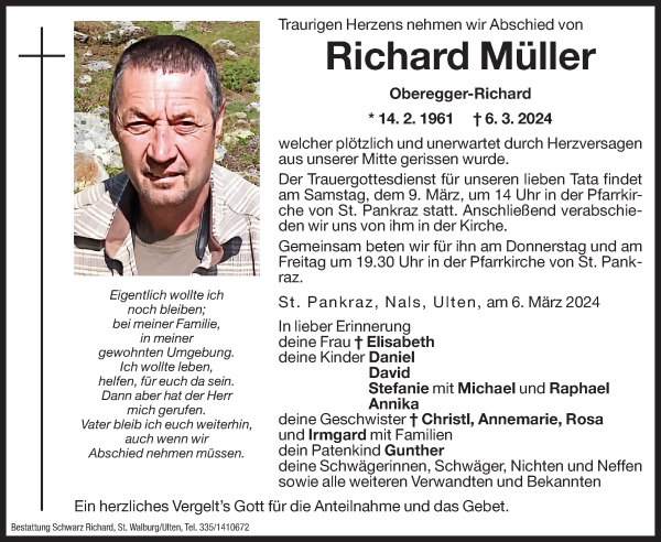 Traueranzeige von Richard Müller von Dolomiten