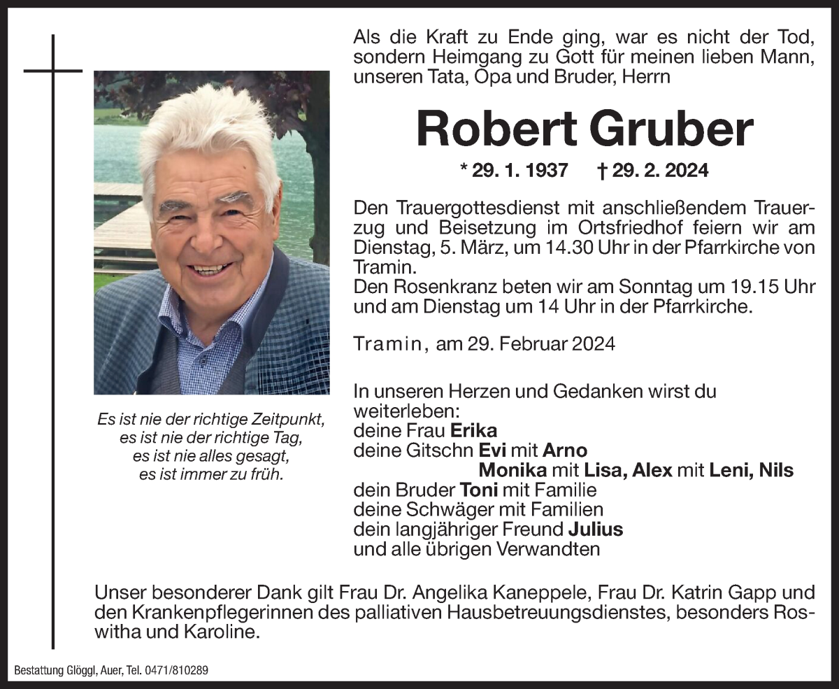  Traueranzeige für Robert Gruber vom 02.03.2024 aus Dolomiten