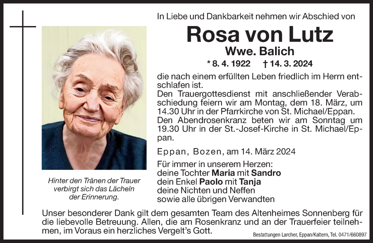  Traueranzeige für Rosa Balich vom 16.03.2024 aus Dolomiten