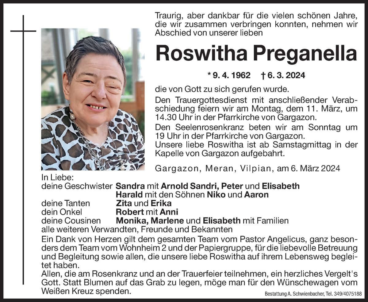  Traueranzeige für Roswitha Preganella vom 08.03.2024 aus Dolomiten