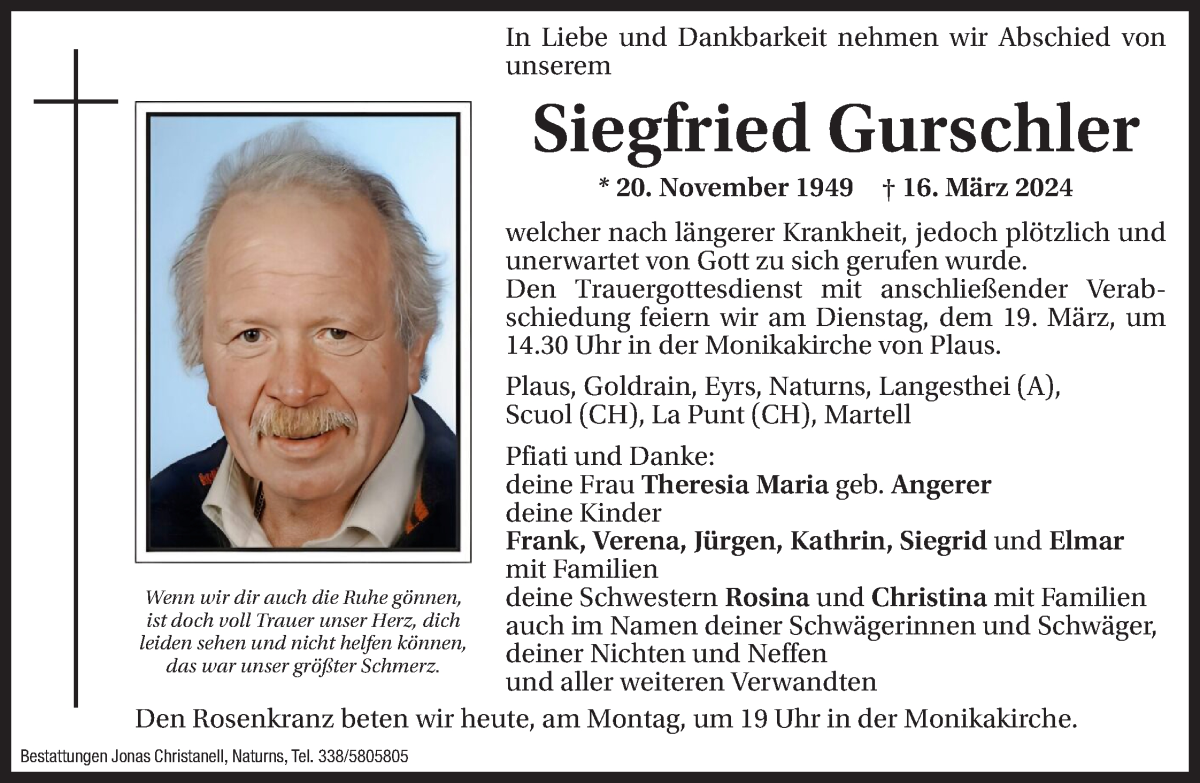  Traueranzeige für Siegfried Gurschler vom 18.03.2024 aus Dolomiten