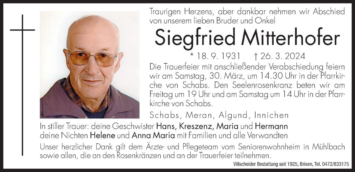  Traueranzeige für Siegfried Mitterhofer vom 28.03.2024 aus Dolomiten