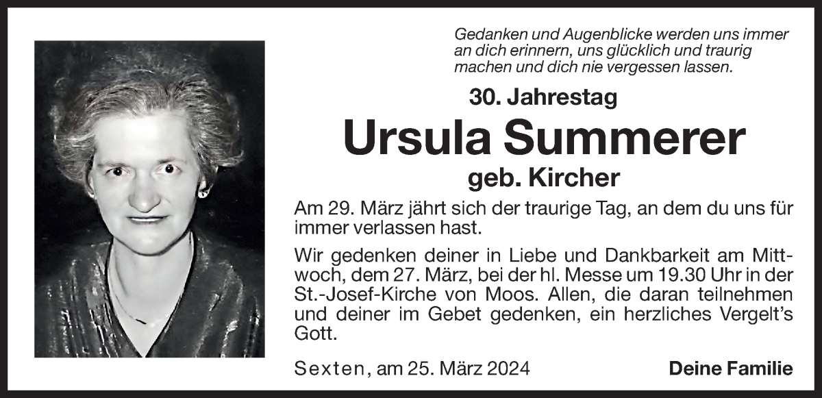  Traueranzeige für Ursula Summerer vom 25.03.2024 aus Dolomiten