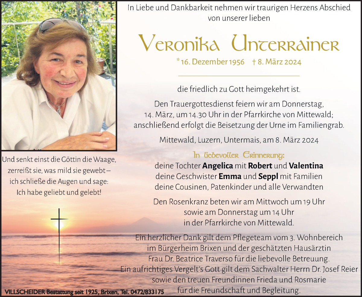  Traueranzeige für Veronika Unterrainer vom 12.03.2024 aus Dolomiten