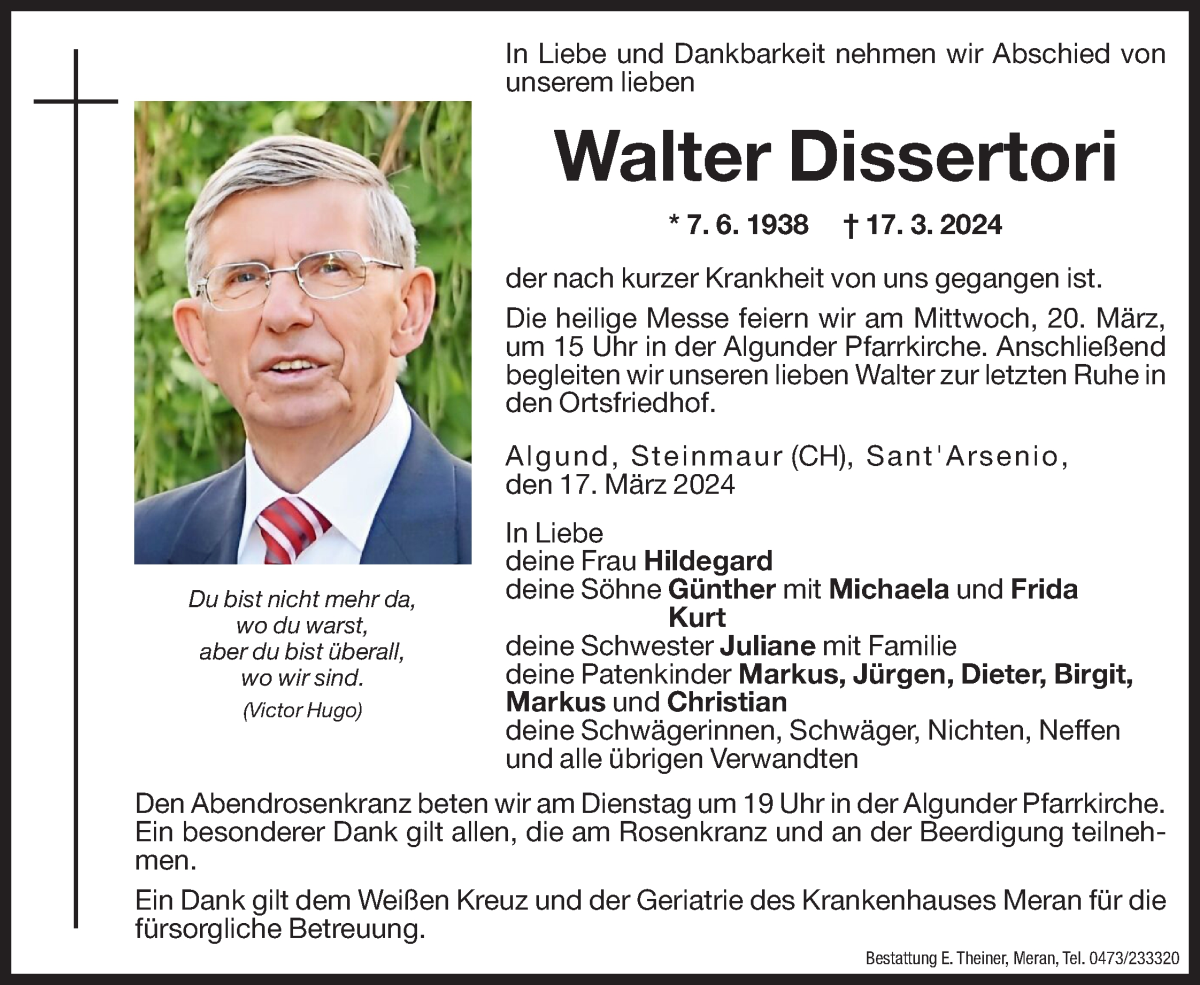  Traueranzeige für Walter Dissertori vom 19.03.2024 aus Dolomiten