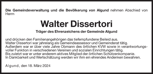 Traueranzeige von Walter Dissertori von Dolomiten