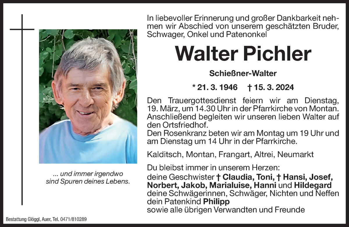  Traueranzeige für Walter Pichler vom 16.03.2024 aus Dolomiten