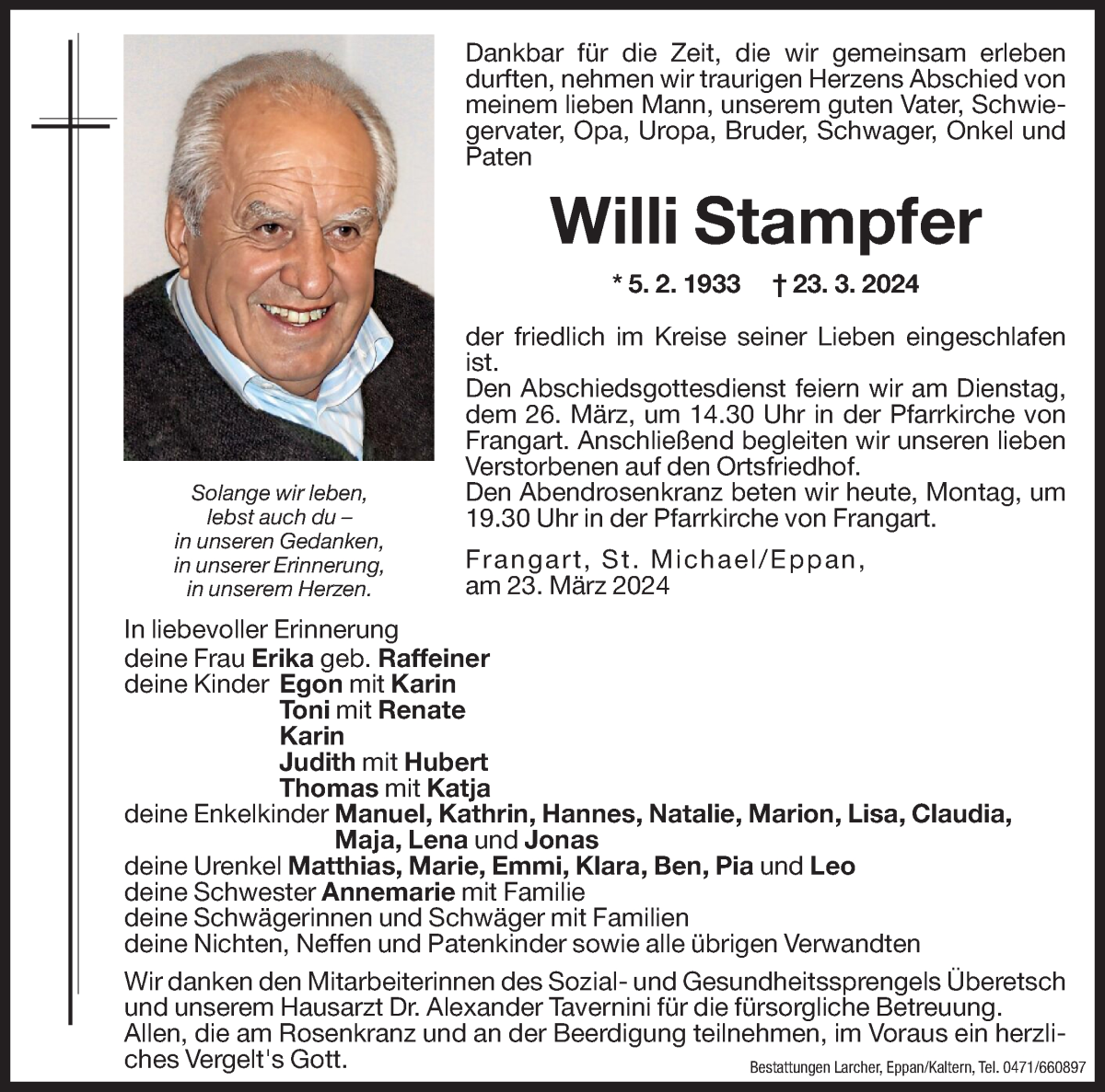  Traueranzeige für Willi Stampfer vom 25.03.2024 aus Dolomiten