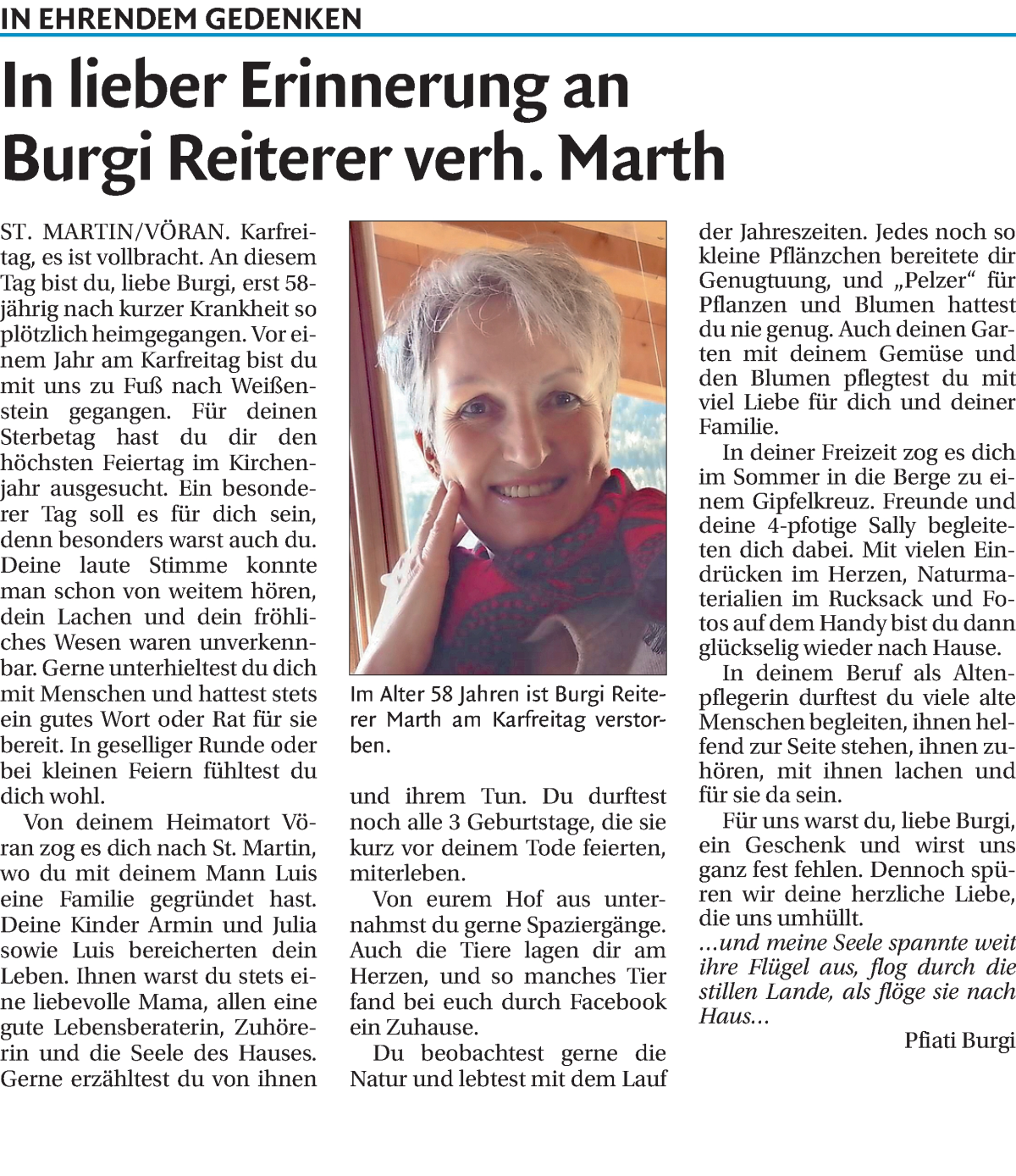  Traueranzeige für Burgi Marth vom 19.04.2024 aus Dolomiten